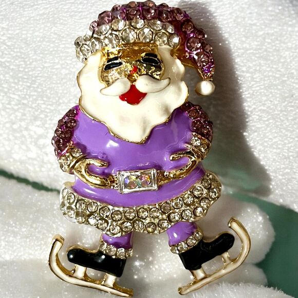 Charming Santa & Skate Shoes Brooch Pin with Sparkling Faux Crystals RED - Picture 2 of 6
